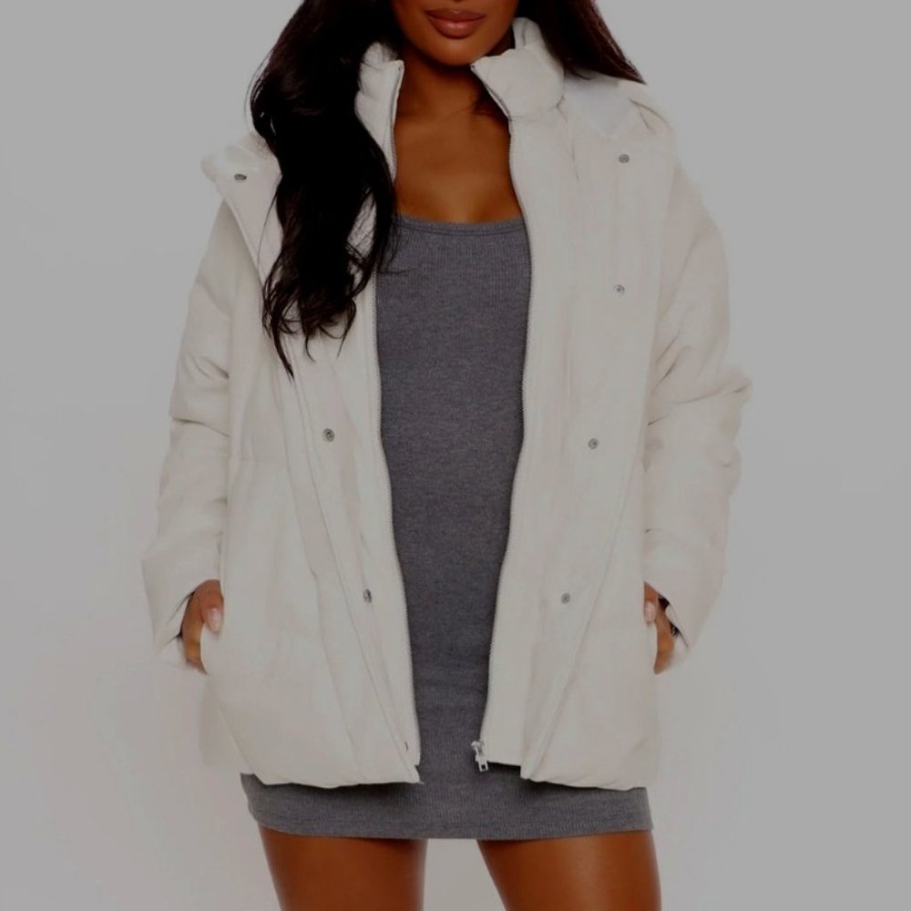 Faux Leather Puffer Jacket - Ivory